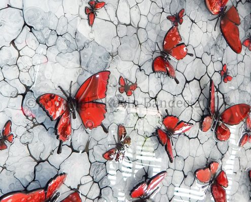 3D red butterflies on black and white background
