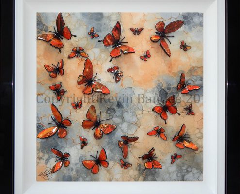 Orange 3D butterflies on stone background