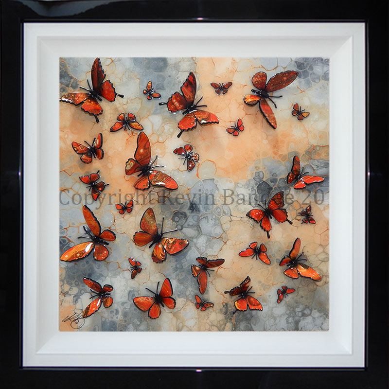Orange 3D butterflies on stone background