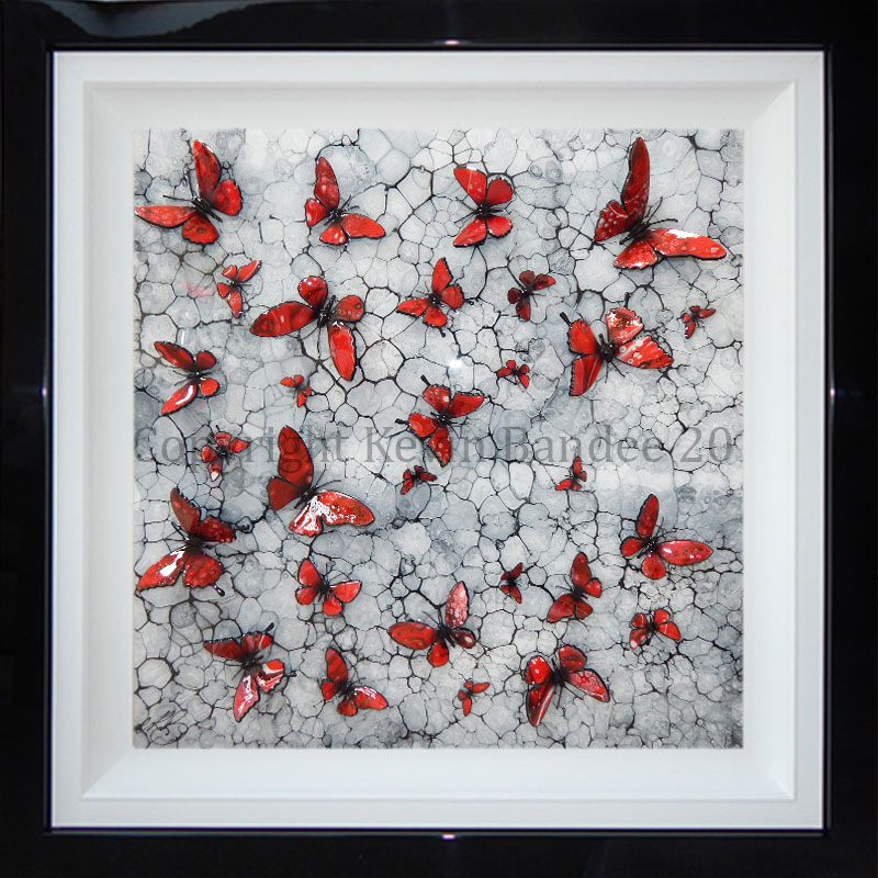 Red 3D butterflies on mono background 2