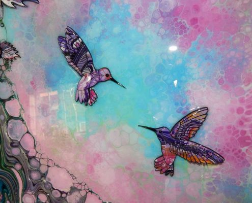 hummingbird art in light blue pink