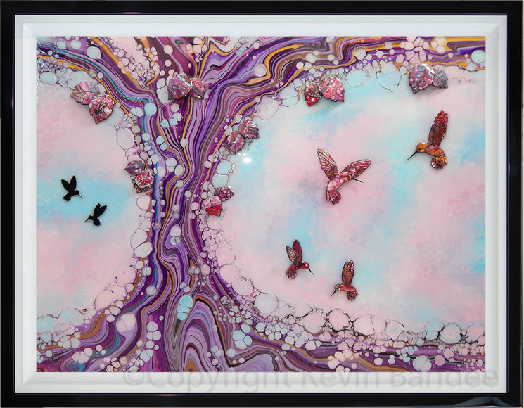 large hummingbird art in blue pink colours