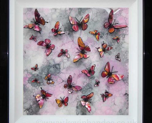 pink gold butterflies on pink stone background