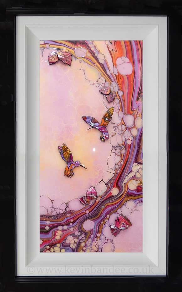 pink yellow hummingbird leaves art